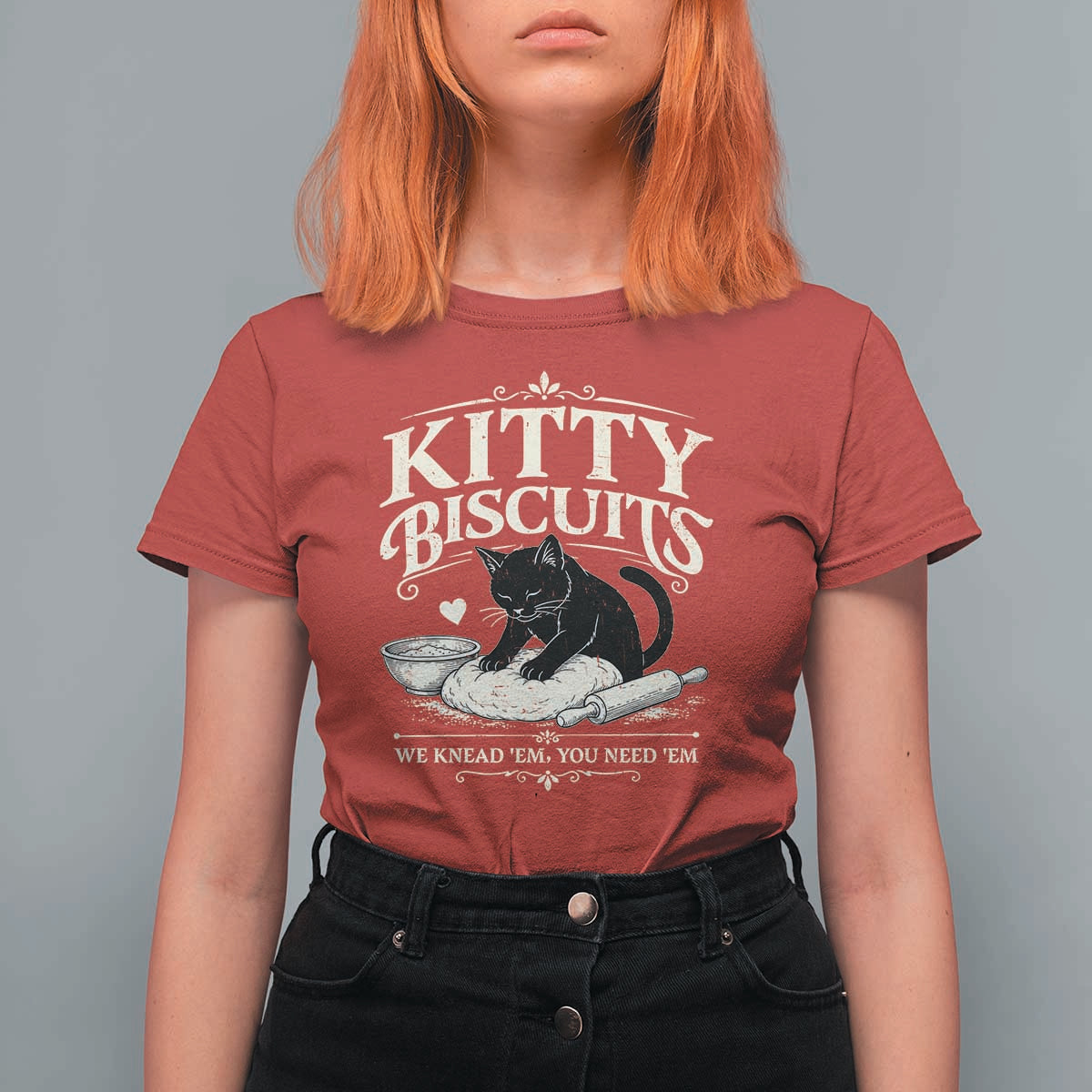 Kitty Biscuits We Knead Em You Need Em T Shirt For Women Funny Black Cat Making Biscuits Baking