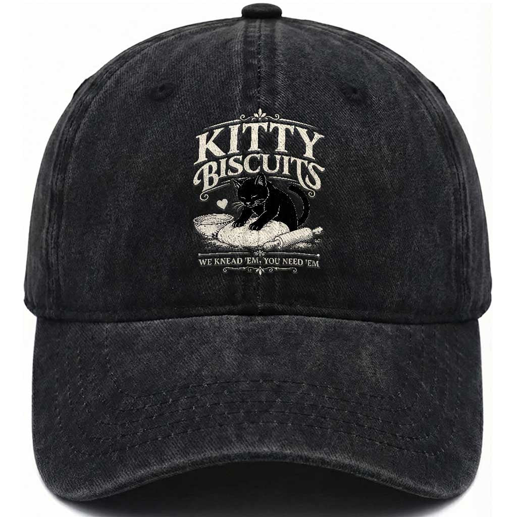 Kitty Biscuits We Knead Em You Need Em Washed Cotton Baseball Cap Funny Black Cat Making Biscuits Baking