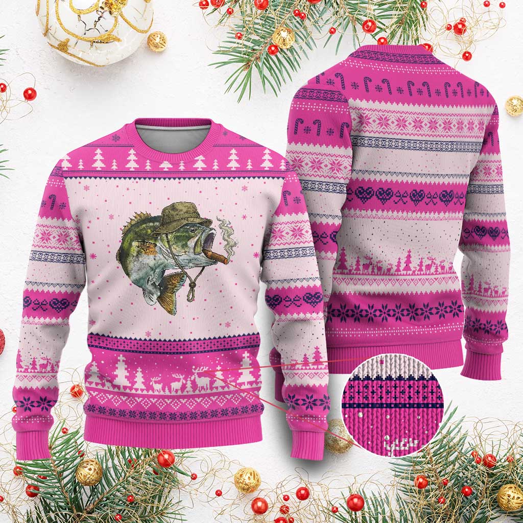Funny Smoking Bass Fish Ugly Christmas Sweater Bass Fishing Lover Graphic