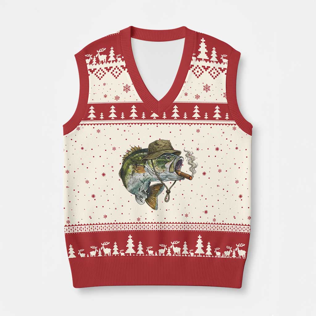 Funny Smoking Bass Fish V-Neck Knit Sweater Vest Bass Fishing Lover Graphic