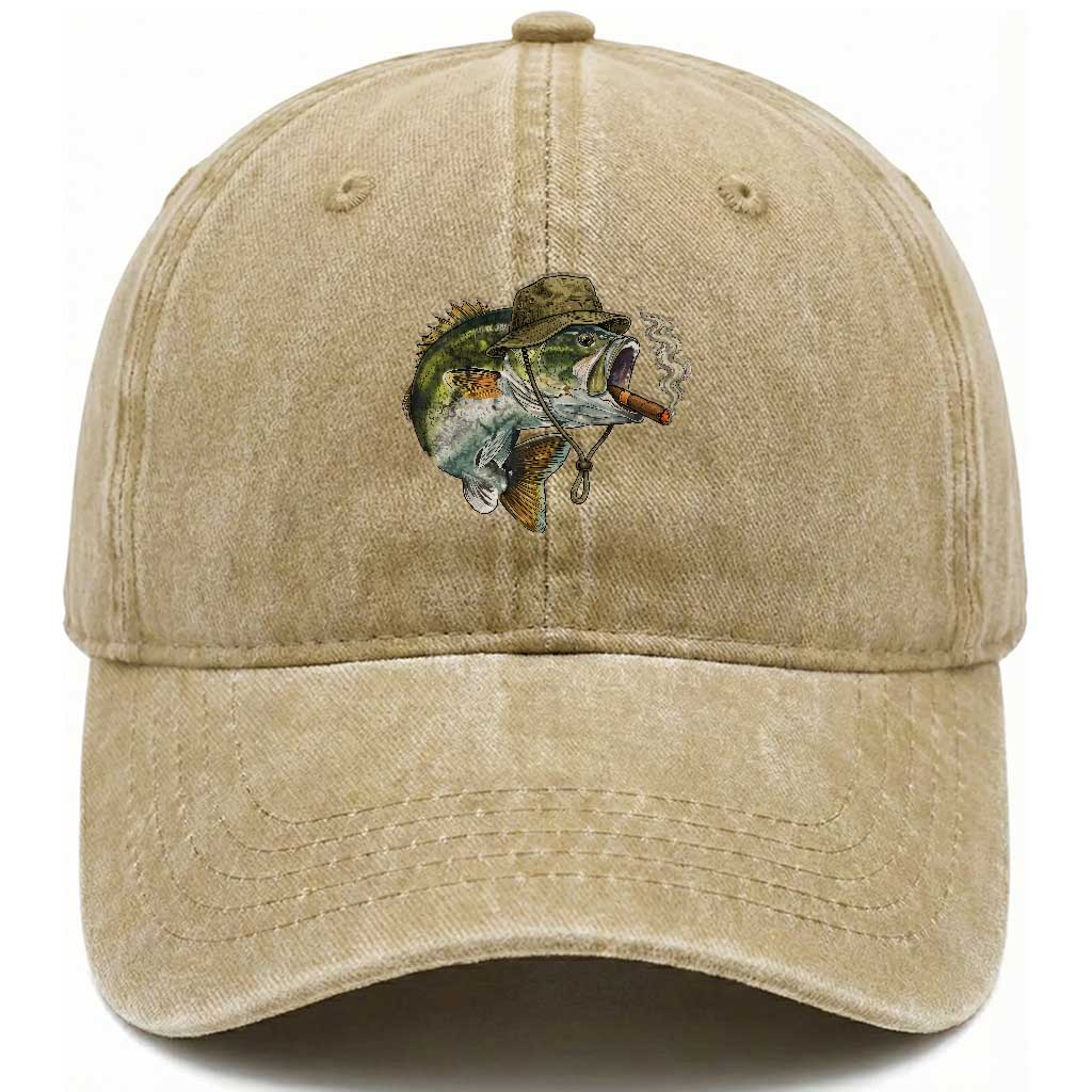 Funny Smoking Bass Fish Washed Cotton Baseball Cap Bass Fishing Lover Graphic