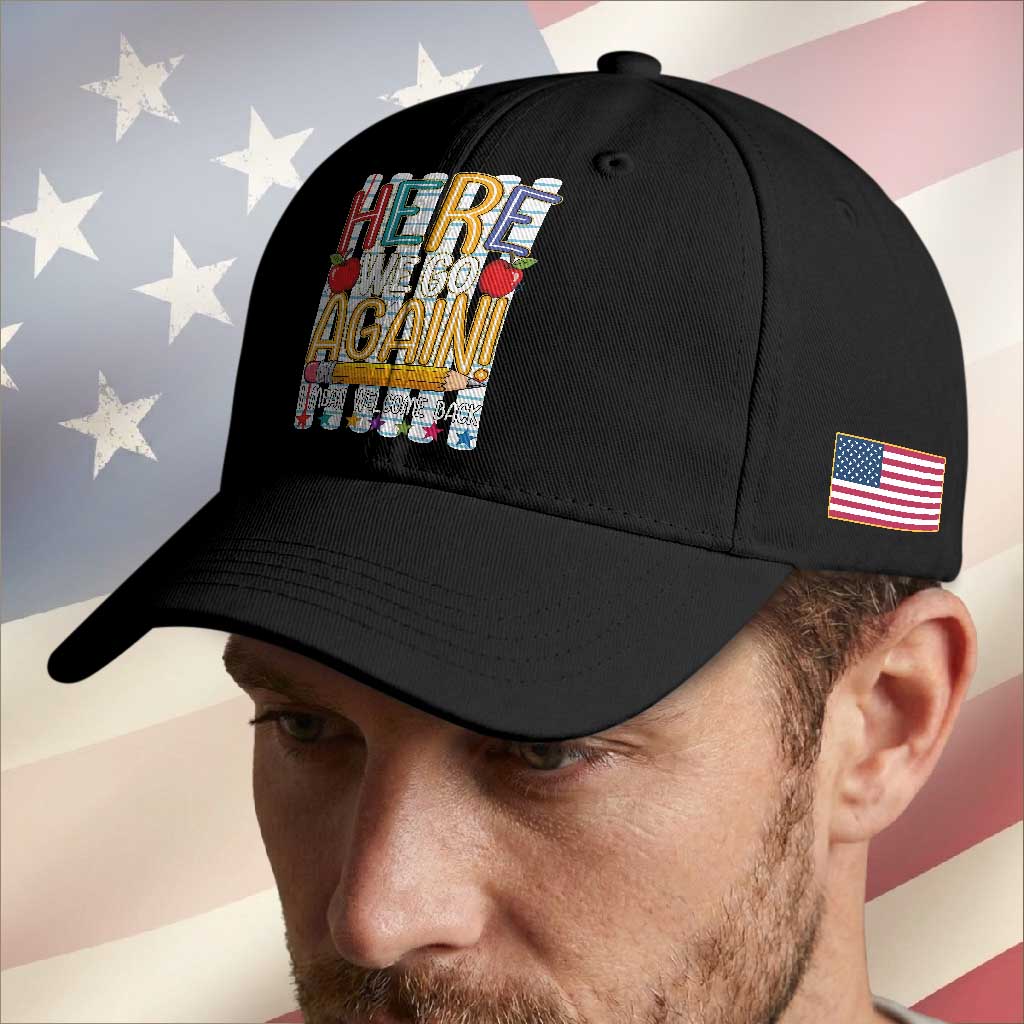 Funny Striped Teacher Back To School Baseball Cap Here We Go Again Welcome Back