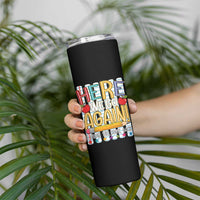 Funny Striped Teacher Back To School Skinny Tumbler Here We Go Again Welcome Back