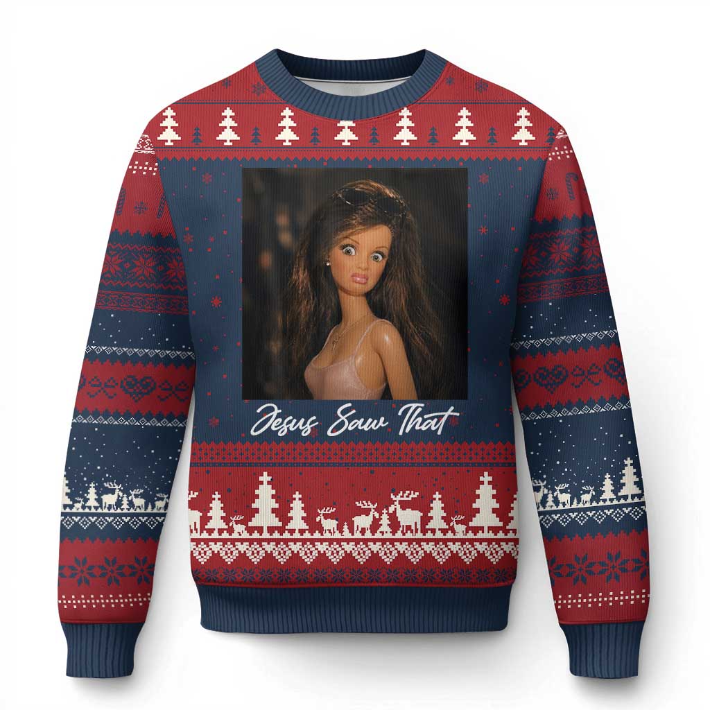 Funny Sassy Christian Doll Face Meme Ugly Christmas Sweater Jesus Saw That
