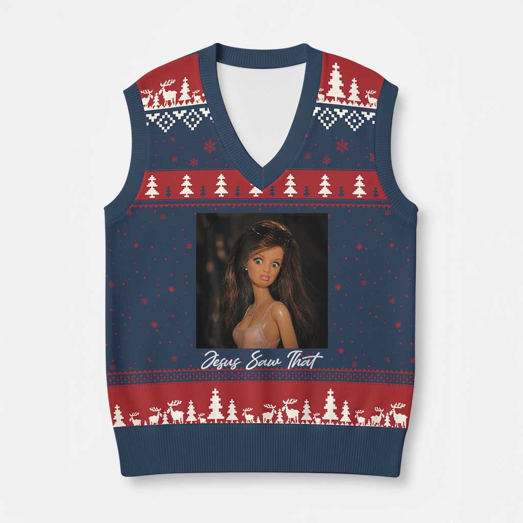 Funny Sassy Christian Doll Face Meme V-Neck Knit Sweater Vest Jesus Saw That
