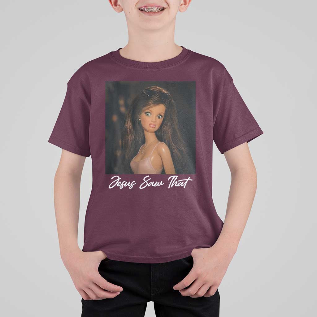 Funny Sassy Christian Doll Face Meme T Shirt For Kid Jesus Saw That