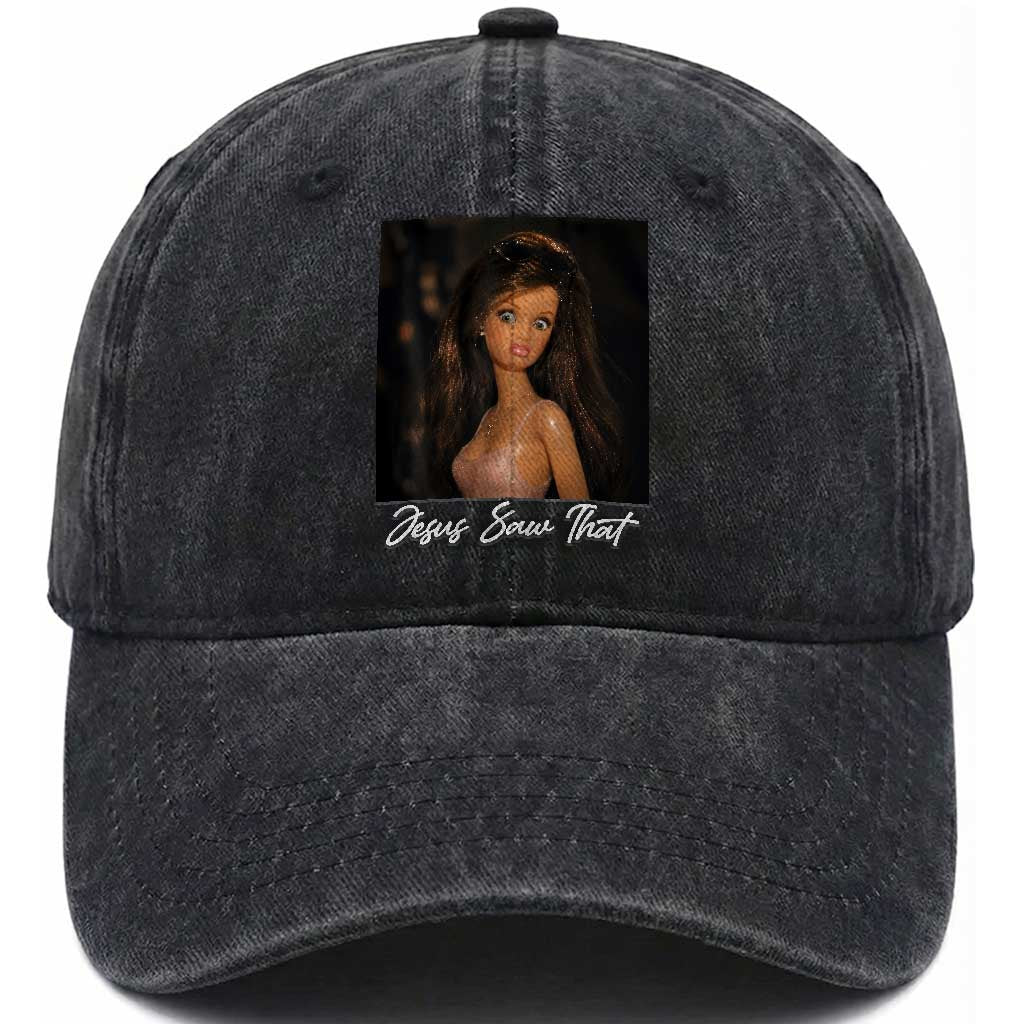 Funny Sassy Christian Doll Face Meme Washed Cotton Baseball Cap Jesus Saw That