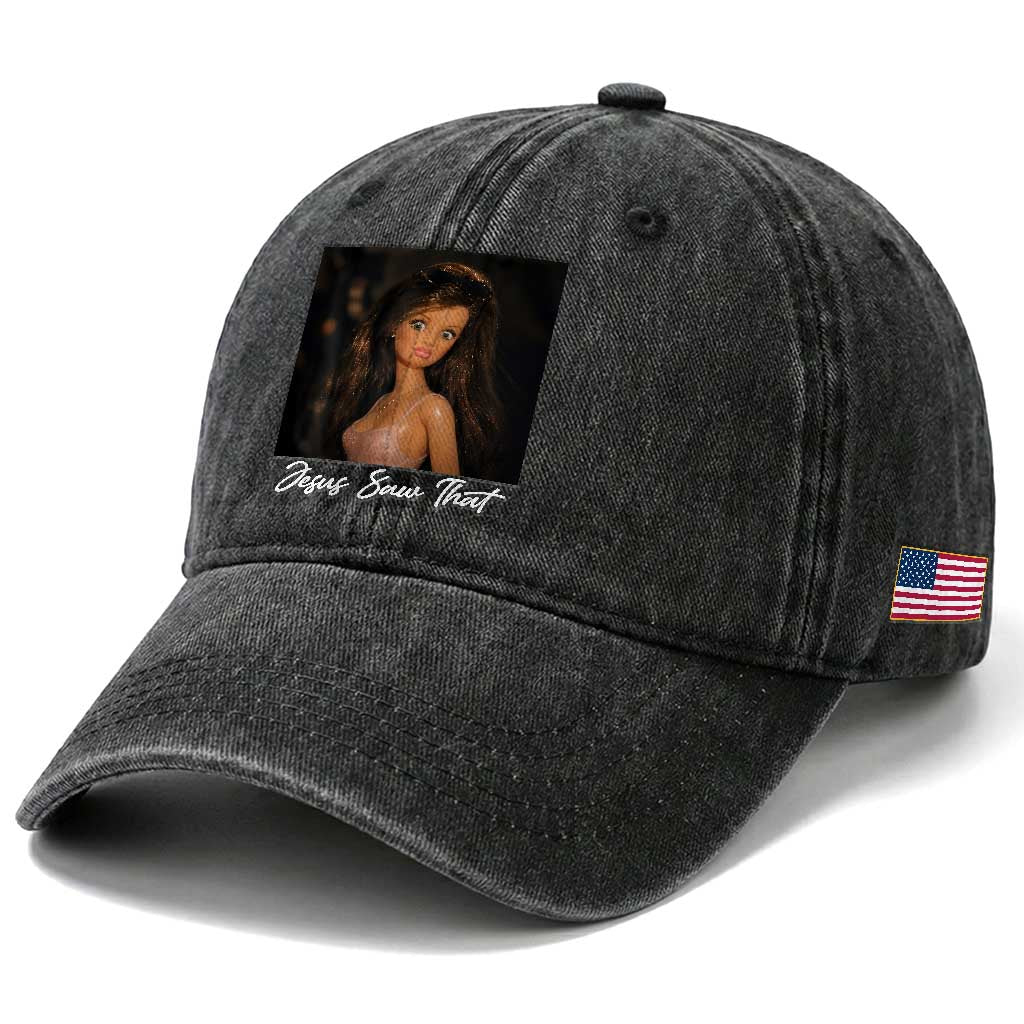 Funny Sassy Christian Doll Face Meme Washed Cotton Baseball Cap Jesus Saw That