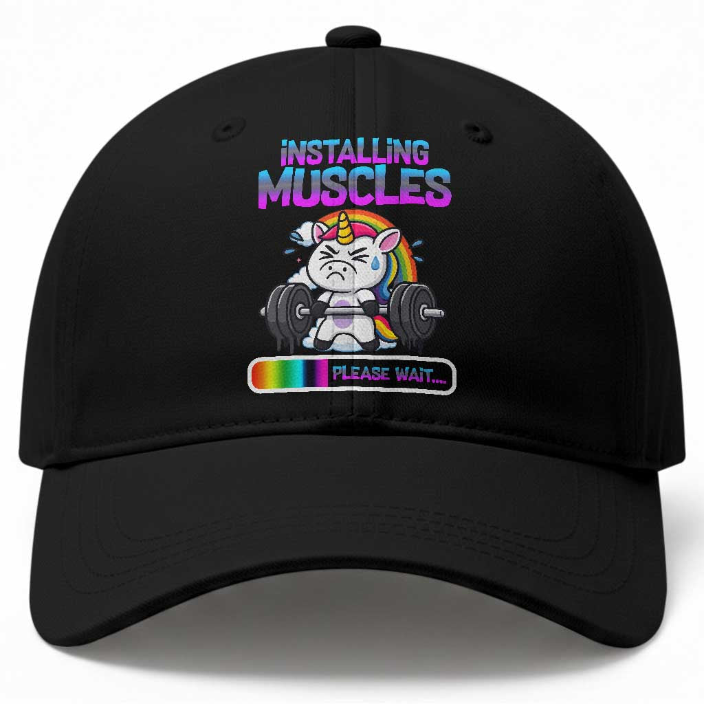 Installing Muscles Please Wait Baseball Cap Cute Unicorn Gym Workout Gift