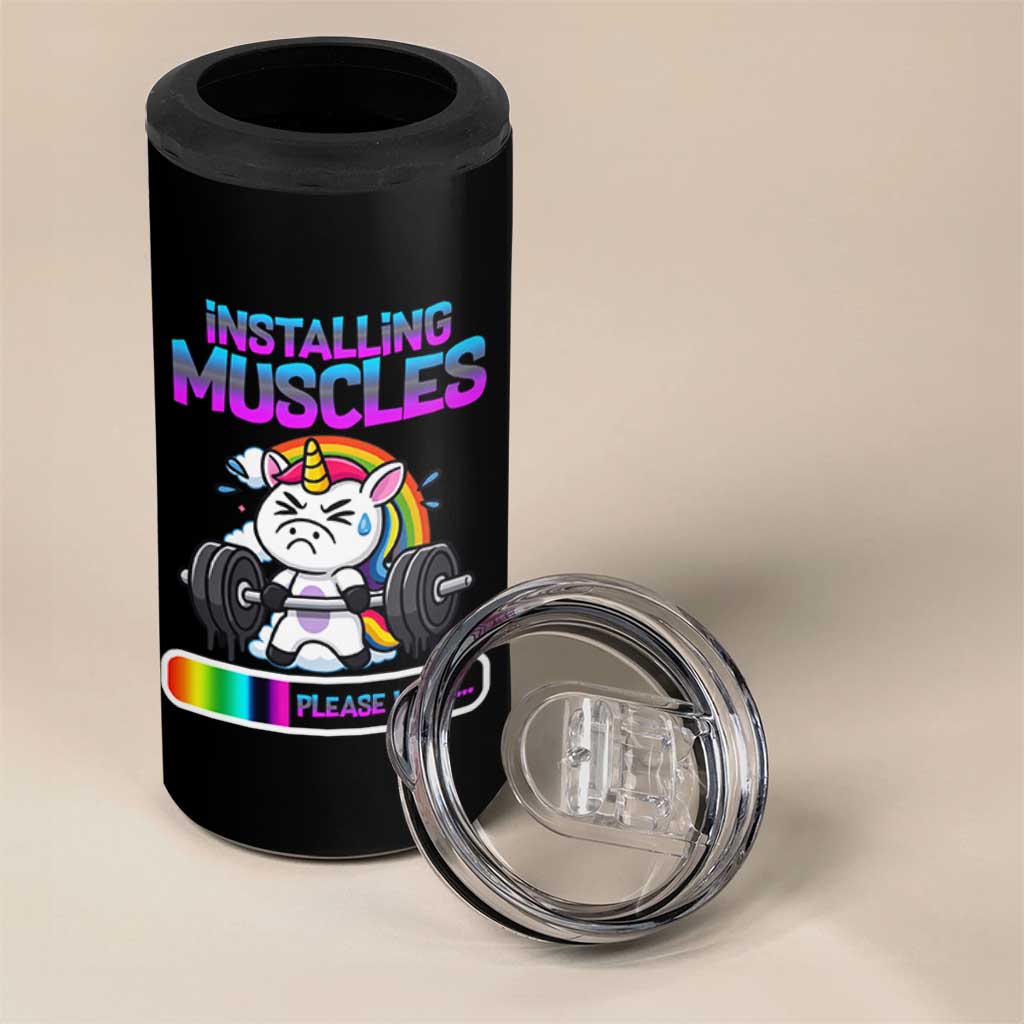 Installing Muscles Please Wait 4 in 1 Can Cooler Tumbler Cute Unicorn Gym Workout Gift