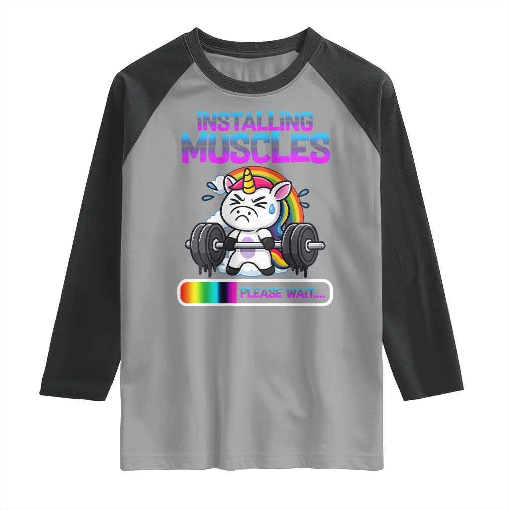 Installing Muscles Please Wait Raglan Shirt Cute Unicorn Gym Workout Gift - Wonder Print Shop