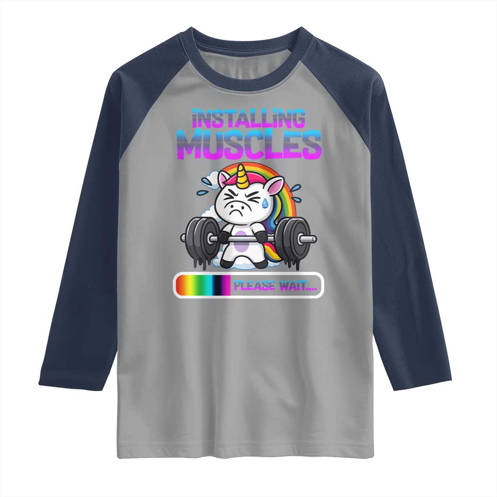 Installing Muscles Please Wait Raglan Shirt Cute Unicorn Gym Workout Gift - Wonder Print Shop