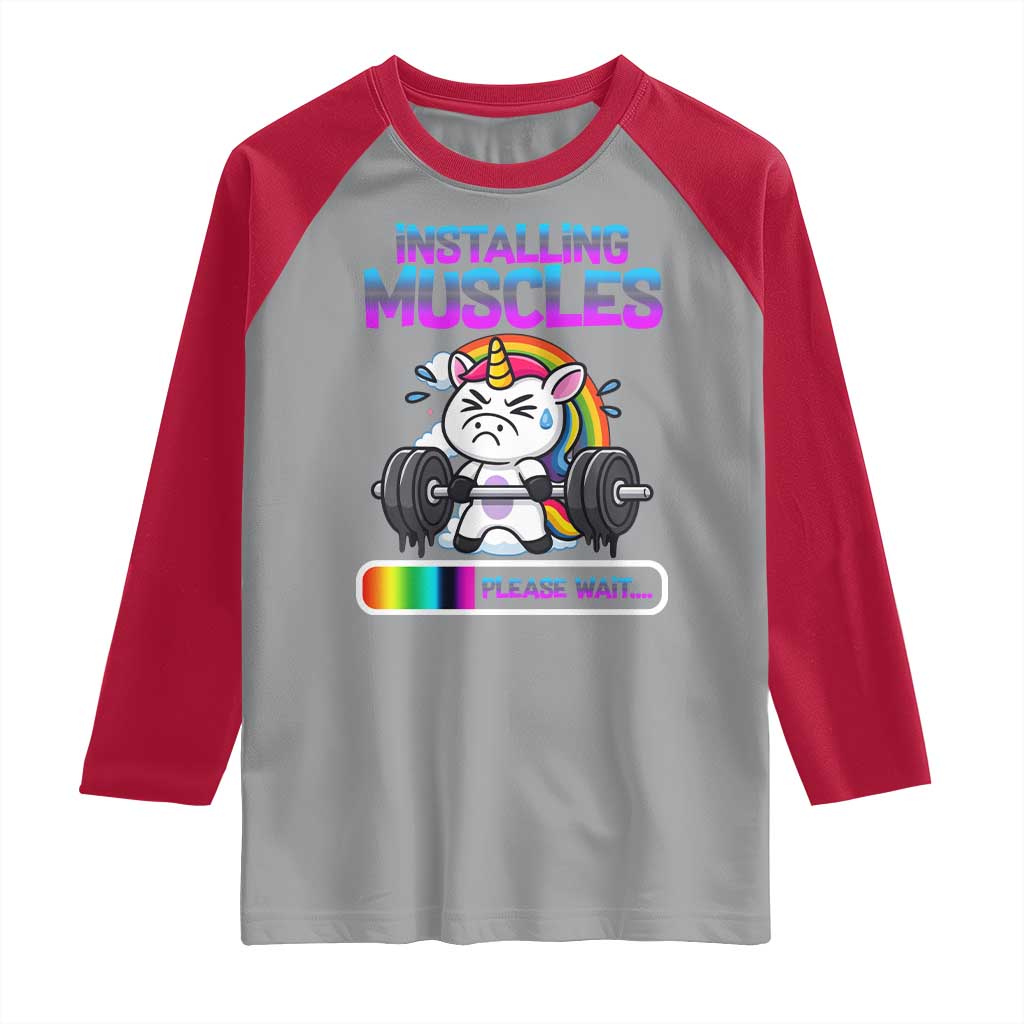 Installing Muscles Please Wait Raglan Shirt Cute Unicorn Gym Workout Gift - Wonder Print Shop
