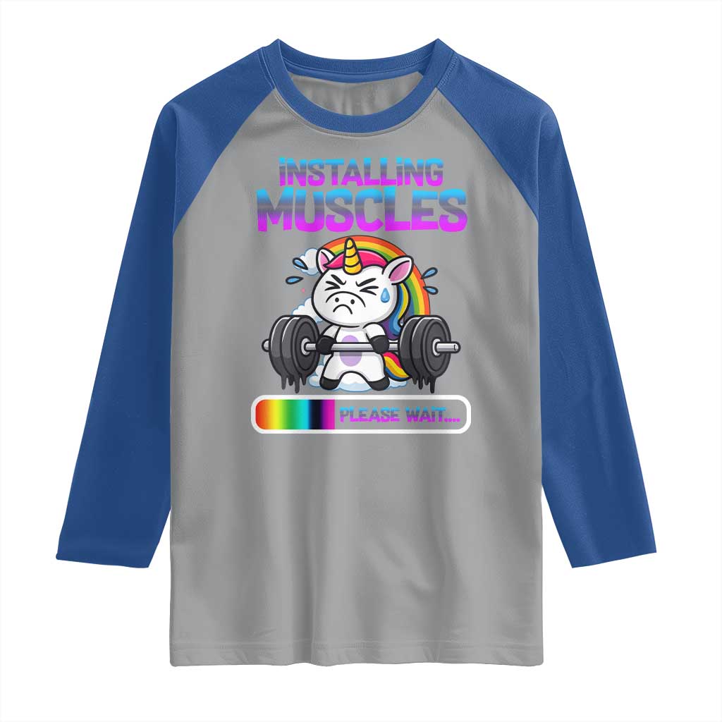 Installing Muscles Please Wait Raglan Shirt Cute Unicorn Gym Workout Gift - Wonder Print Shop