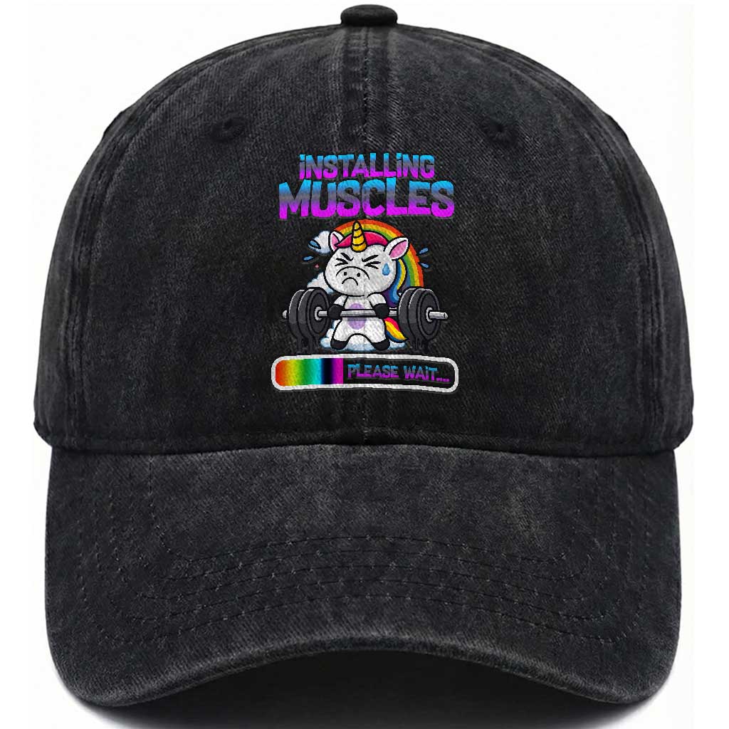 Installing Muscles Please Wait Washed Cotton Baseball Cap Cute Unicorn Gym Workout Gift