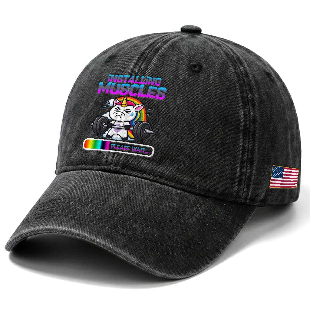 Installing Muscles Please Wait Washed Cotton Baseball Cap Cute Unicorn Gym Workout Gift