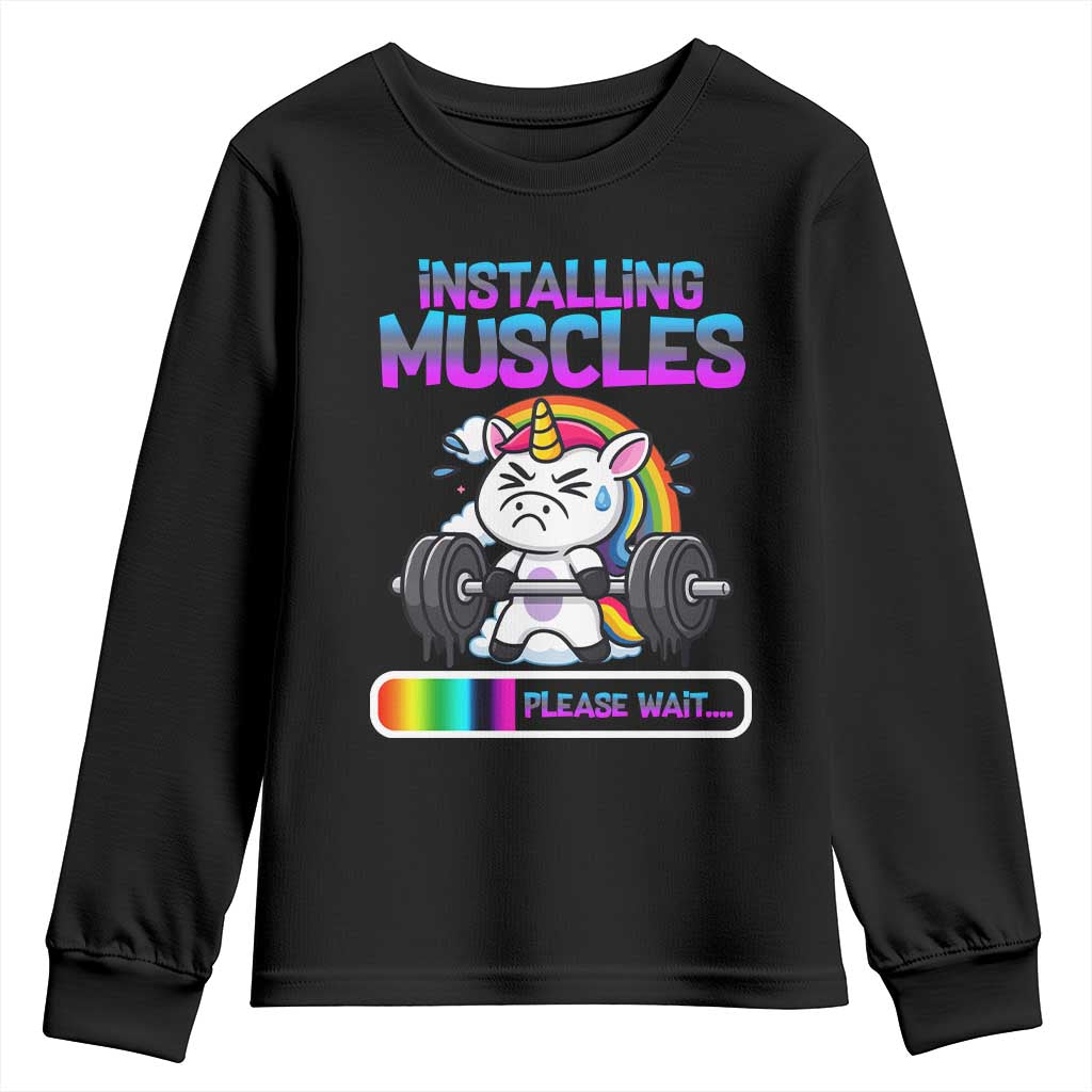 Installing Muscles Please Wait Youth Sweatshirt Cute Unicorn Gym Workout Gift - Wonder Print Shop