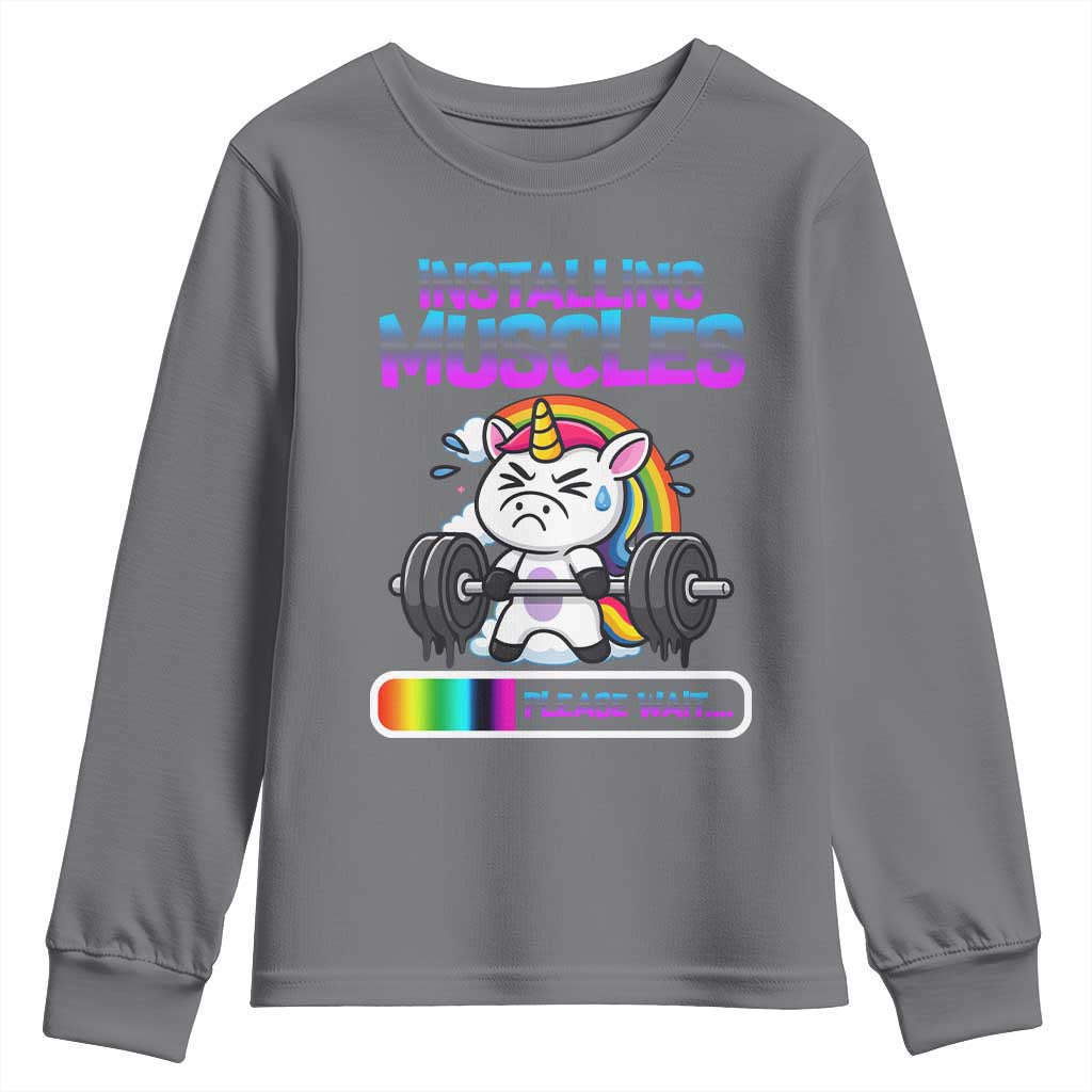 Installing Muscles Please Wait Youth Sweatshirt Cute Unicorn Gym Workout Gift - Wonder Print Shop
