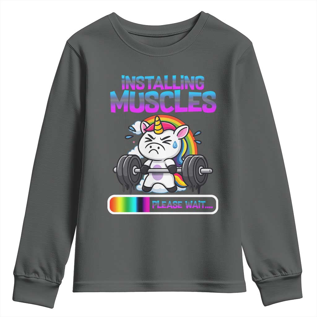 Installing Muscles Please Wait Youth Sweatshirt Cute Unicorn Gym Workout Gift - Wonder Print Shop
