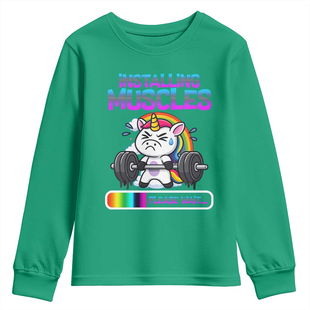 Installing Muscles Please Wait Youth Sweatshirt Cute Unicorn Gym Workout Gift - Wonder Print Shop