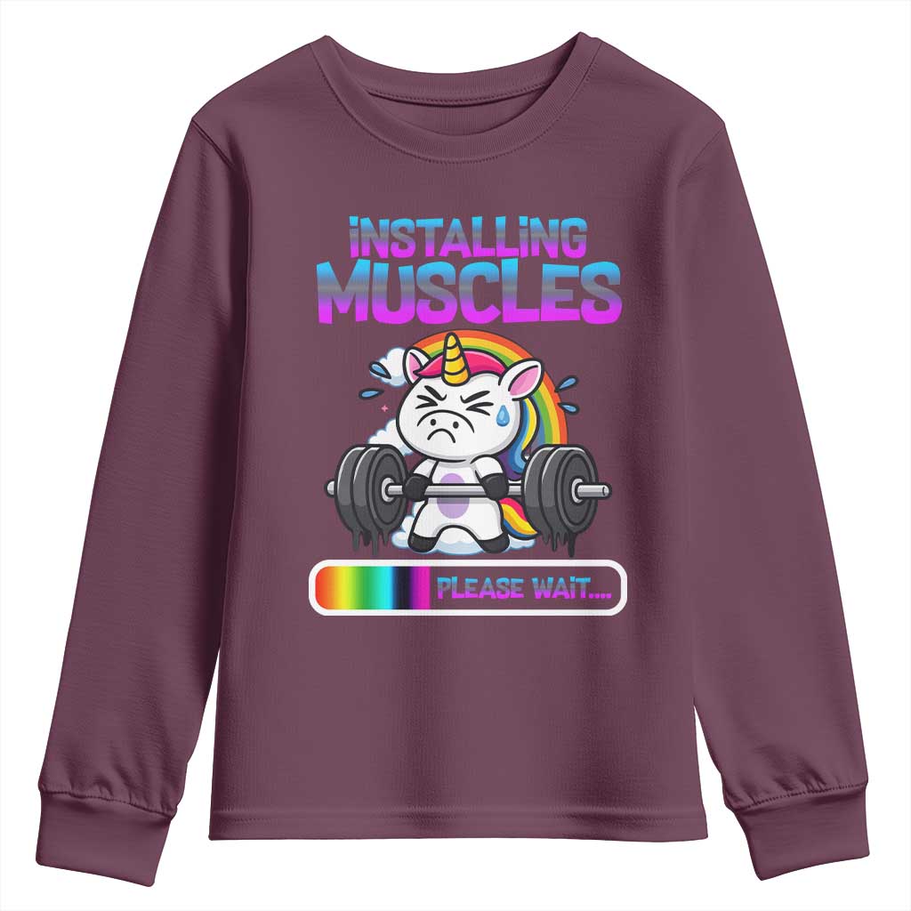 Installing Muscles Please Wait Youth Sweatshirt Cute Unicorn Gym Workout Gift - Wonder Print Shop