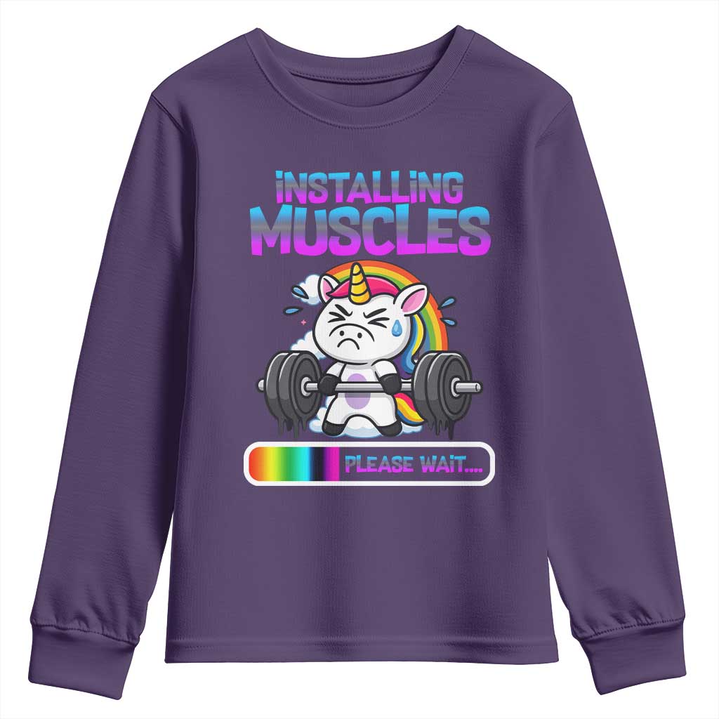 Installing Muscles Please Wait Youth Sweatshirt Cute Unicorn Gym Workout Gift - Wonder Print Shop