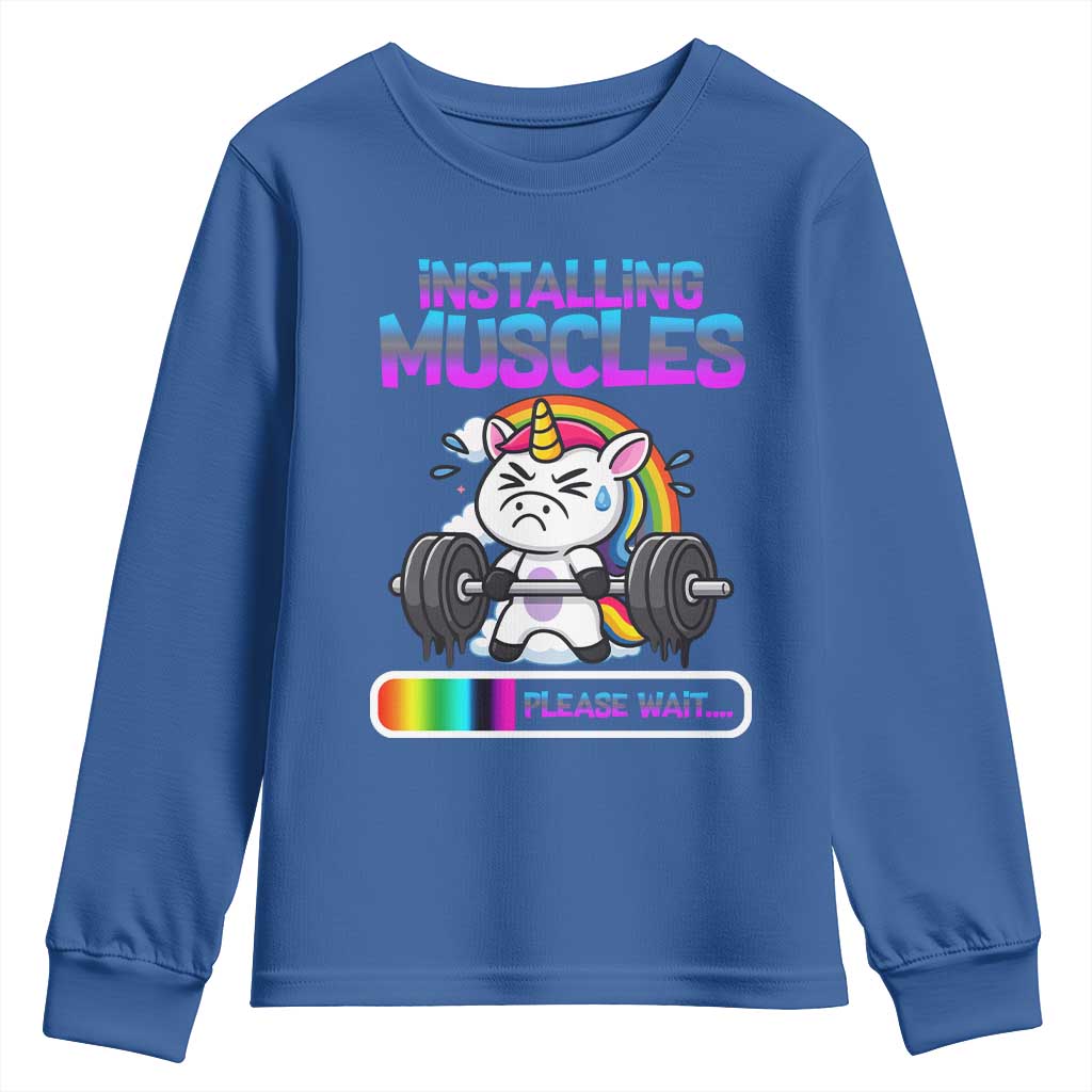 Installing Muscles Please Wait Youth Sweatshirt Cute Unicorn Gym Workout Gift - Wonder Print Shop