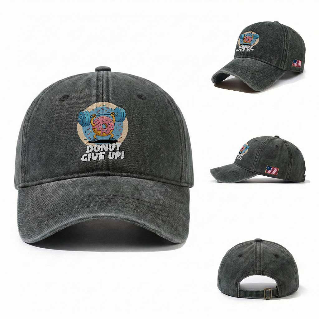 Donut Give Up Washed Cotton Baseball Cap Funny Gym Workout Donut Lover Gift