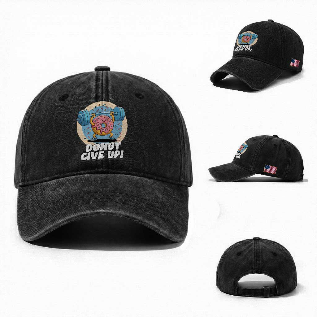 Donut Give Up Washed Cotton Baseball Cap Funny Gym Workout Donut Lover Gift