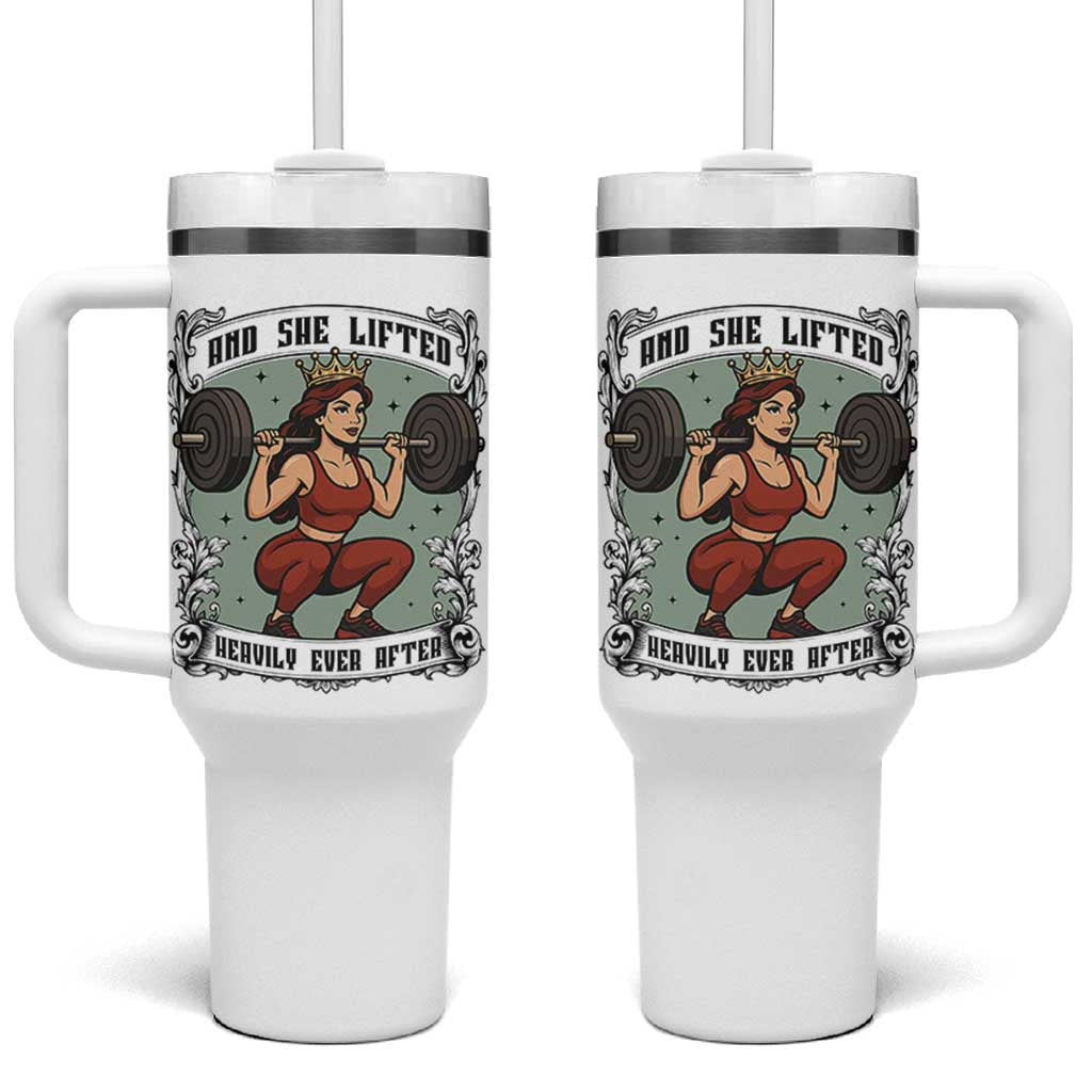 And She Lifted Heavily Ever After Tumbler With Handle Women Weightlifting Humor Gift