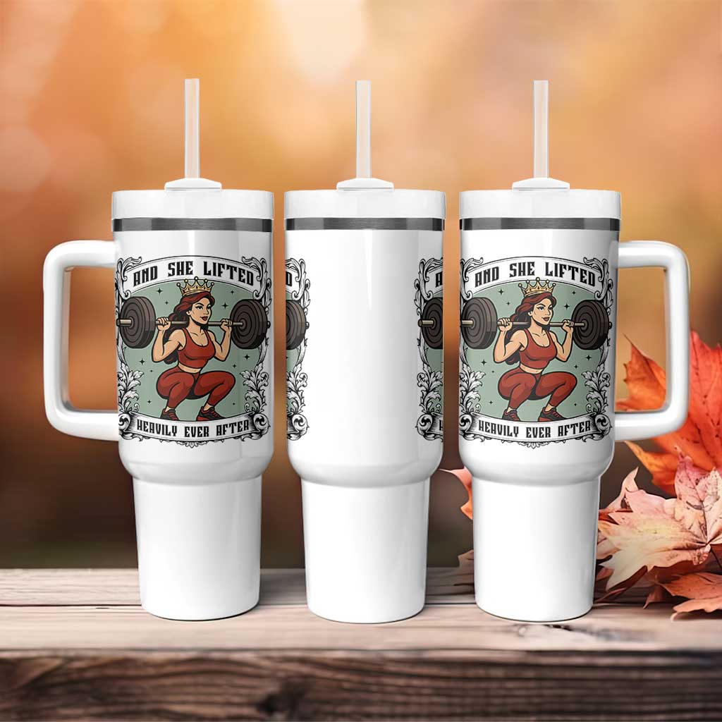 And She Lifted Heavily Ever After Tumbler With Handle Women Weightlifting Humor Gift