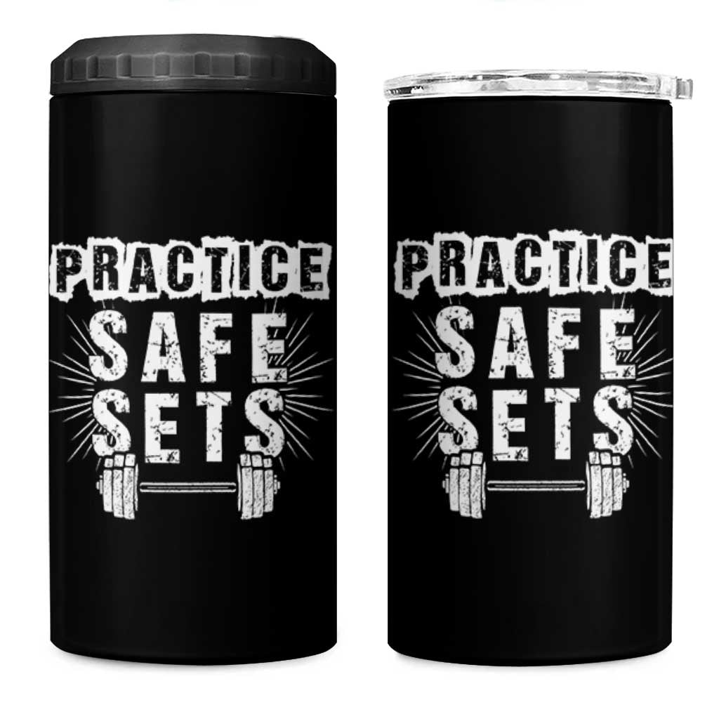 Practice Safe Sets 4 in 1 Can Cooler Tumbler Funny Gym Workout Gift