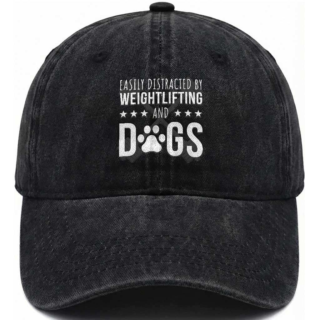 Easily Distracted By Weightlifting And Dogs Washed Cotton Baseball Cap Funny Gym Gift