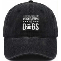 Easily Distracted By Weightlifting And Dogs Washed Cotton Baseball Cap Funny Gym Gift
