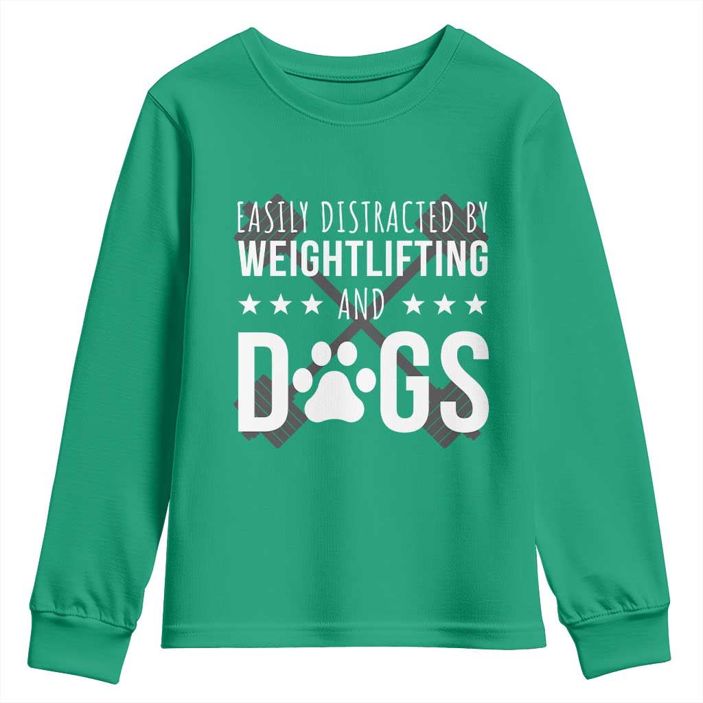 Easily Distracted By Weightlifting And Dogs Youth Sweatshirt Funny Gym Gift - Wonder Print Shop