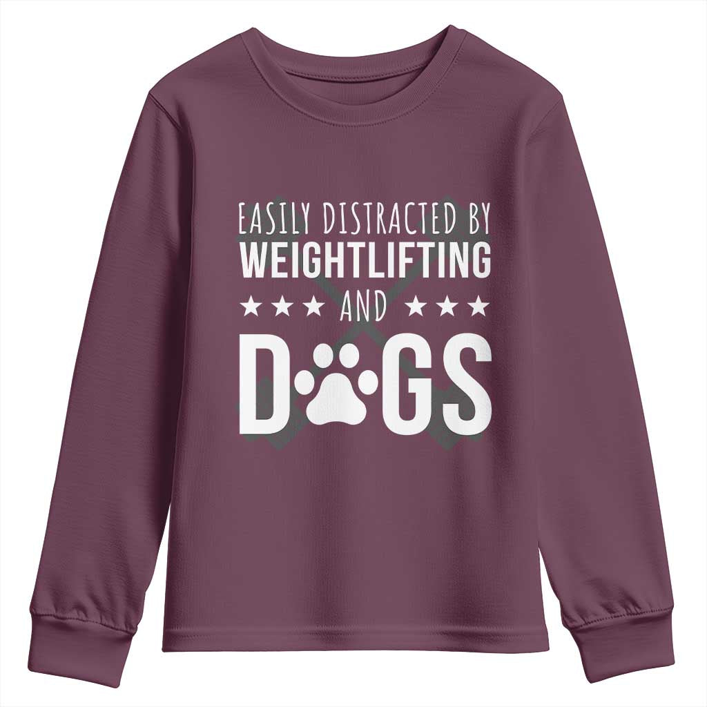 Easily Distracted By Weightlifting And Dogs Youth Sweatshirt Funny Gym Gift - Wonder Print Shop