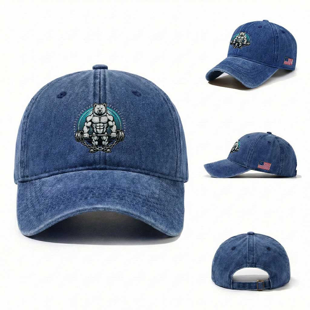 Funny Gym Workout Humor Washed Cotton Baseball Cap Cute Weightlifting Bear Gift