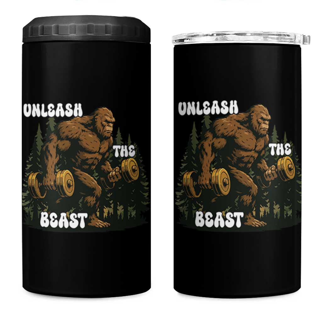 Unleash The Beast 4 in 1 Can Cooler Tumbler Funny Bigfoot Fitness Workout Gift