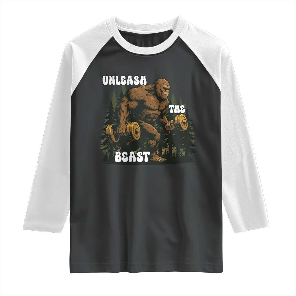 Unleash The Beast Raglan Shirt Funny Bigfoot Fitness Workout Gift - Wonder Print Shop