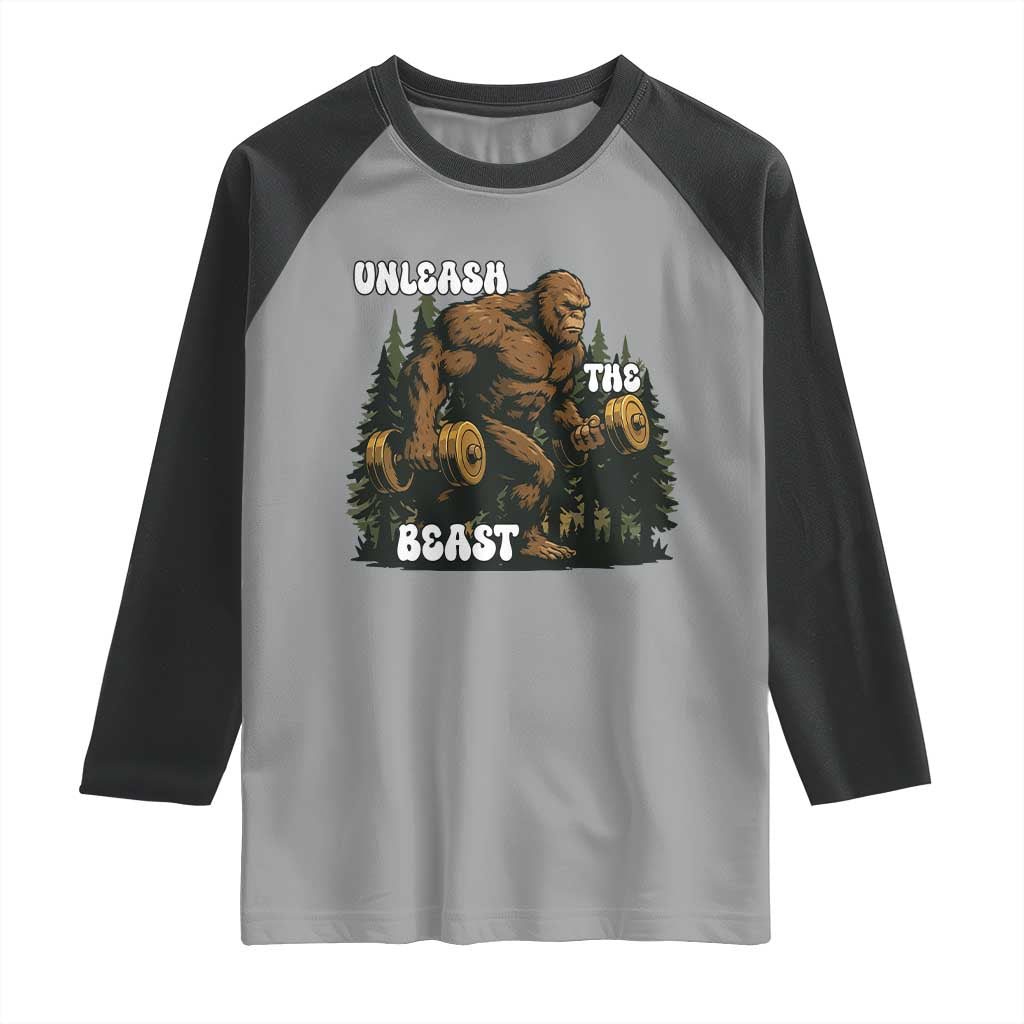 Unleash The Beast Raglan Shirt Funny Bigfoot Fitness Workout Gift - Wonder Print Shop