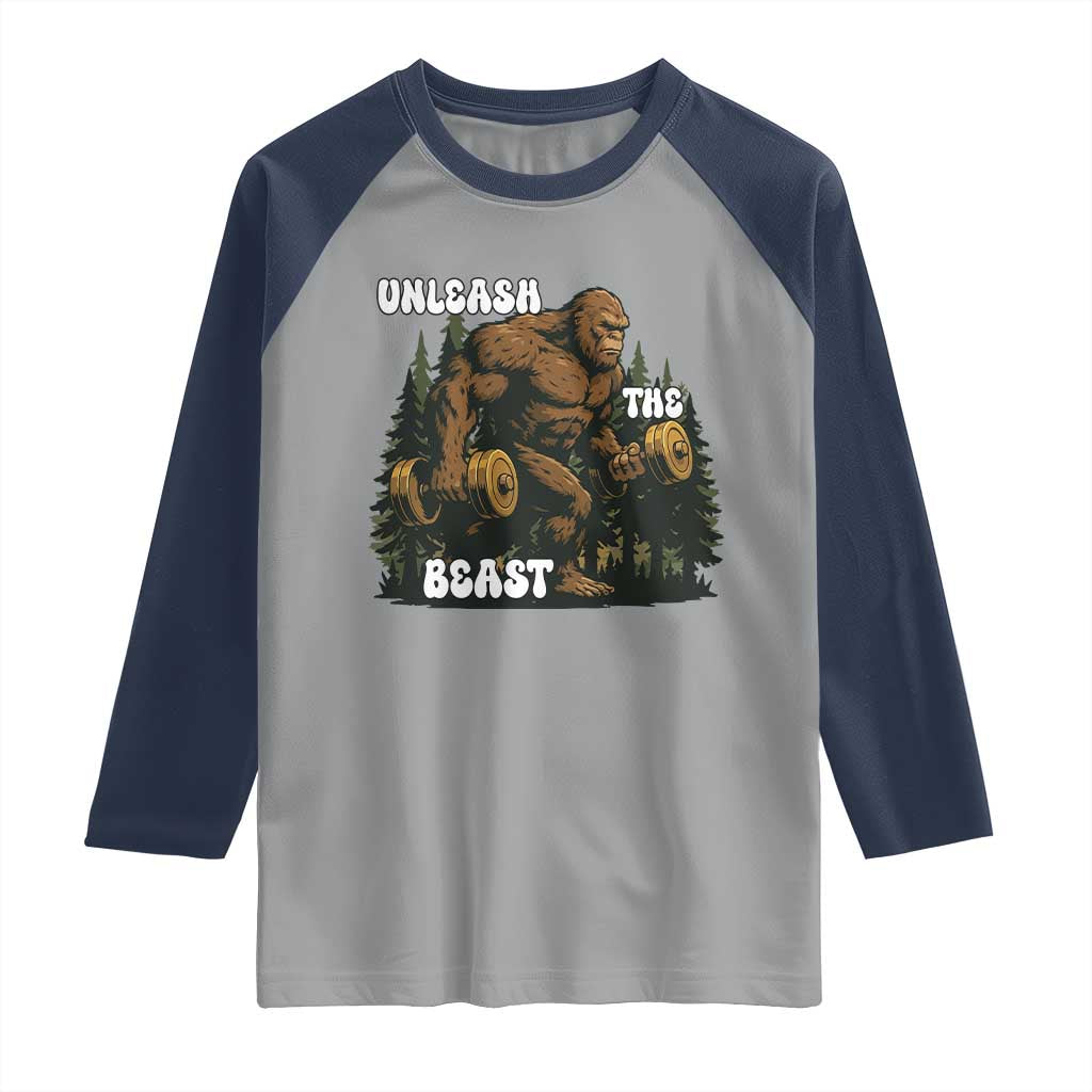 Unleash The Beast Raglan Shirt Funny Bigfoot Fitness Workout Gift - Wonder Print Shop