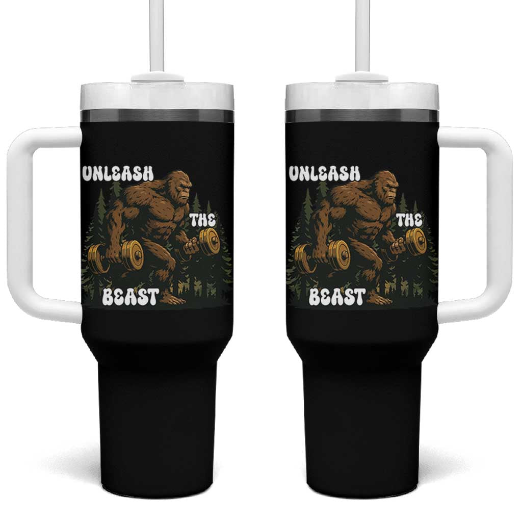 Unleash The Beast Tumbler With Handle Funny Bigfoot Fitness Workout Gift