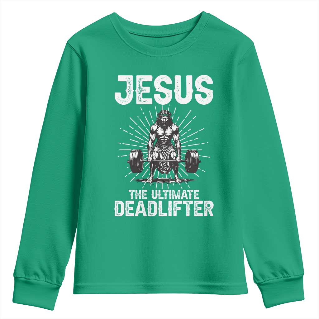 Funny Christian Gym Gift Youth Sweatshirt Jesus The Ultimate Deadlifter - Wonder Print Shop