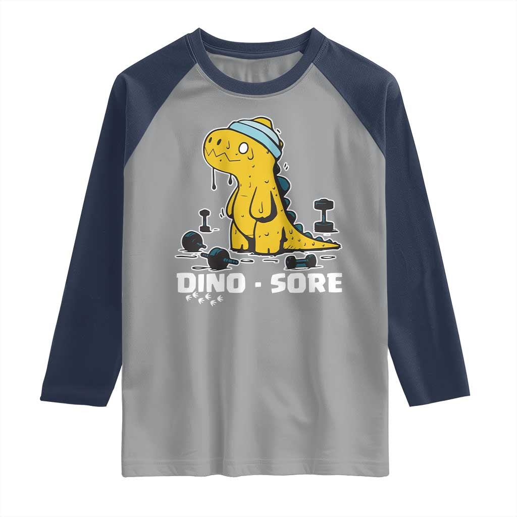 Dino Sore Raglan Shirt Funny Dinosaur Workout Gift - Wonder Print Shop