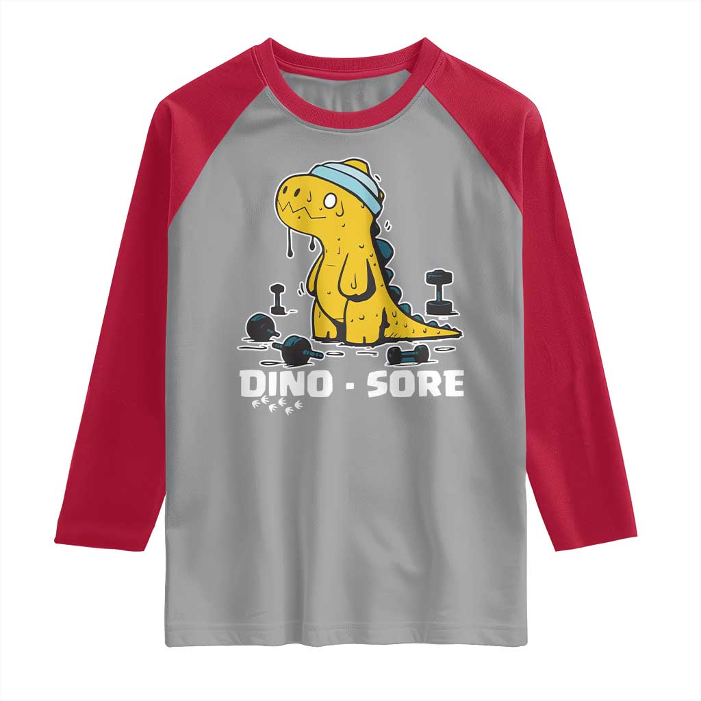 Dino Sore Raglan Shirt Funny Dinosaur Workout Gift - Wonder Print Shop