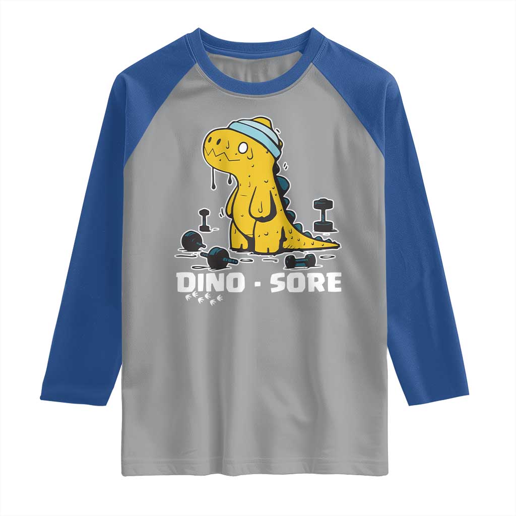 Dino Sore Raglan Shirt Funny Dinosaur Workout Gift - Wonder Print Shop