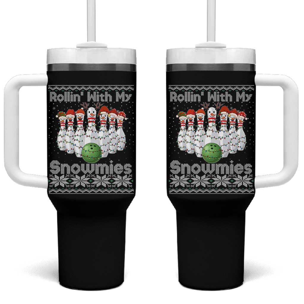 Rollin With My Snowmies Tumbler With Handle Funny Christmas Bowling Ugly Sweater Gift - Wonder Print Shop
