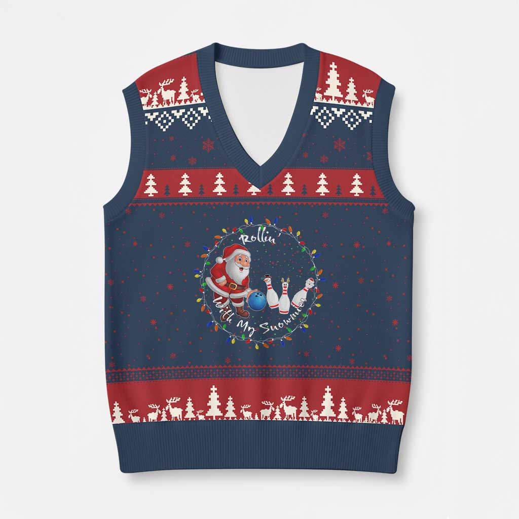 Rollin With My Snowmies V-Neck Knit Sweater Vest Bowling Xmas Gift - Wonder Print Shop