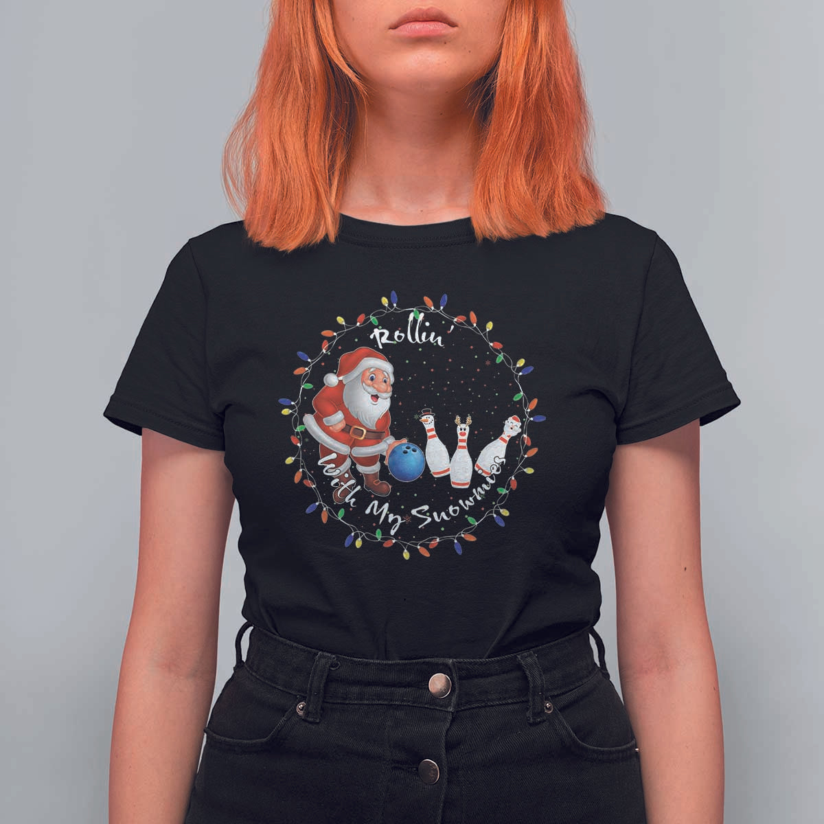 Rollin With My Snowmies T Shirt For Women Bowling Xmas Gift - Wonder Print Shop