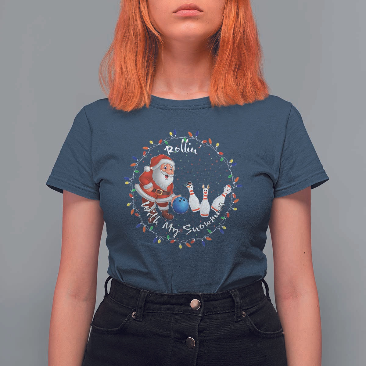 Rollin With My Snowmies T Shirt For Women Bowling Xmas Gift - Wonder Print Shop